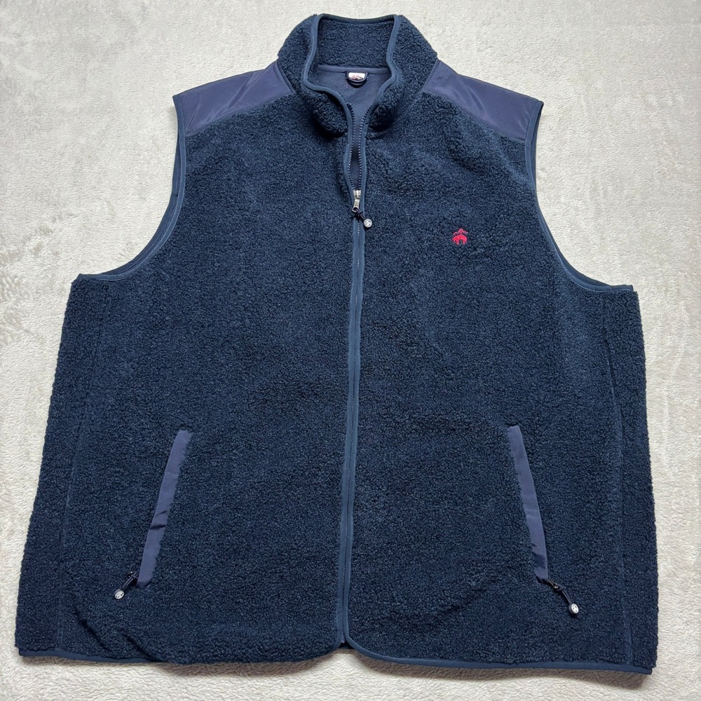 Brooks Brothers Vest Mens 3XL Teddy Fleece Sherpa Navy Blue Full Zip Logo EUC